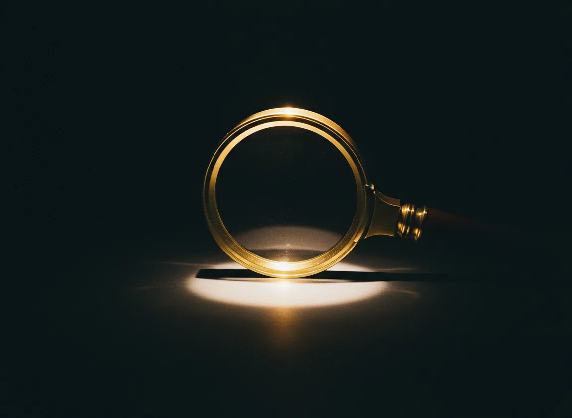 Lupa de latão isolando um círculo de luz sobre superfície escura, ilustrando o diagnóstico