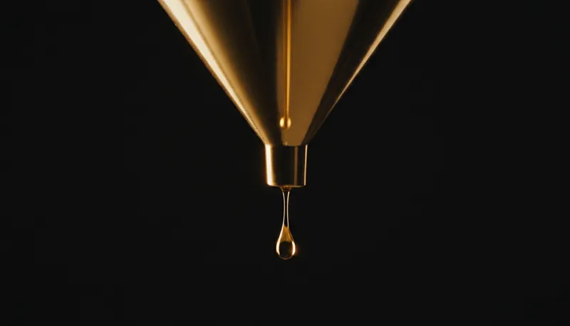 Funil de metal com um fio de luz dourada descendo até uma gota, ilustrando o funil de vendas no CRM