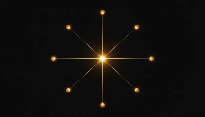 Linhas de luz dourada, cada uma nascendo em um ponto luminoso, convergindo para um único núcleo: o rastreamento da origem de cada lead até o CRM