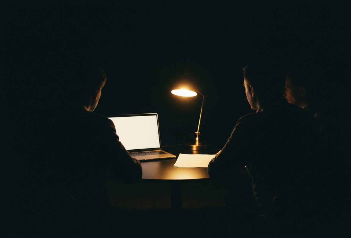 Reunião de estratégia à mesa, com laptop e material impresso